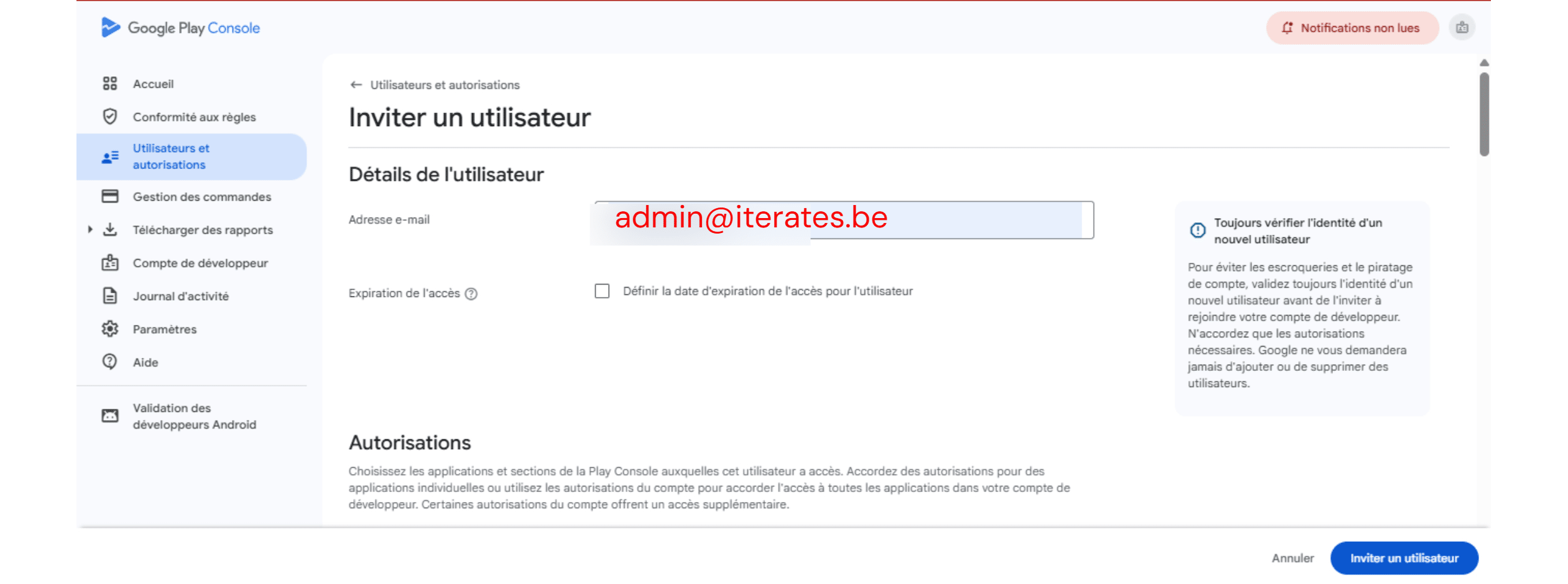 cliquer sur "inviter un utilisateur"
