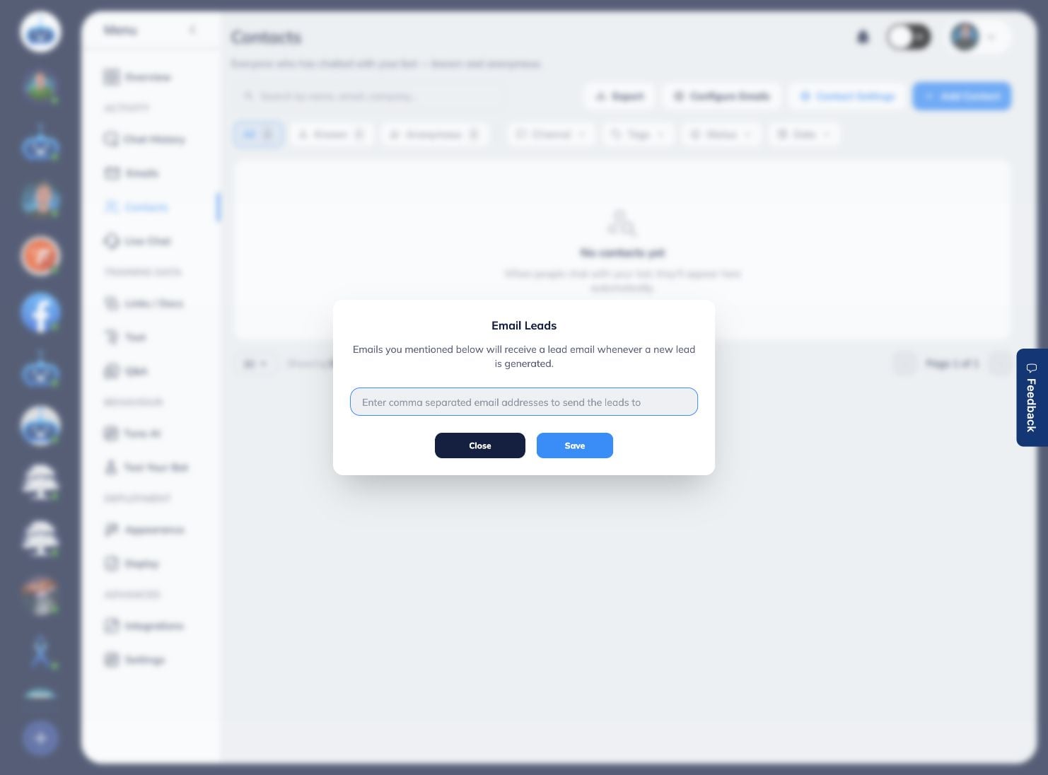 Click Configure Emails to choose who should receive an email whenever a new lead is generated. Enter one or more recipient addresses, separated by commas, then click Save.