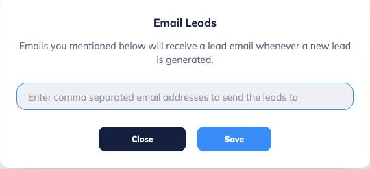 **Configure lead notifications.**
In Contacts, click **Configure Emails**. Enter the recipient addresses, separated by commas, and click **Save**. Use a test lead to confirm that your intended inbox receives the notification.