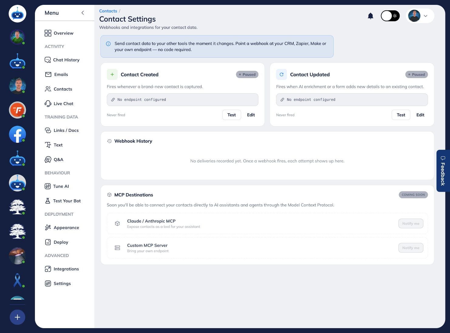 Open Contact Settings to connect contact-created and contact-updated webhooks to your CRM, Zapier, Make or your own endpoint.