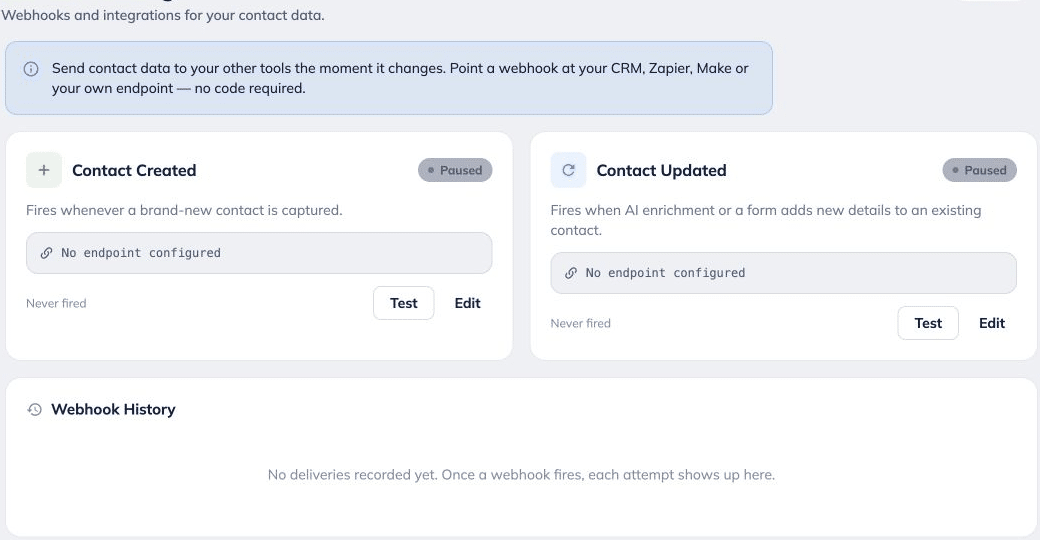 **Connect contact updates to your other tools.**
Open **Contact Settings** to review the contact-created and contact-updated webhook options. Configure your destination there when you want contact changes sent to another system.