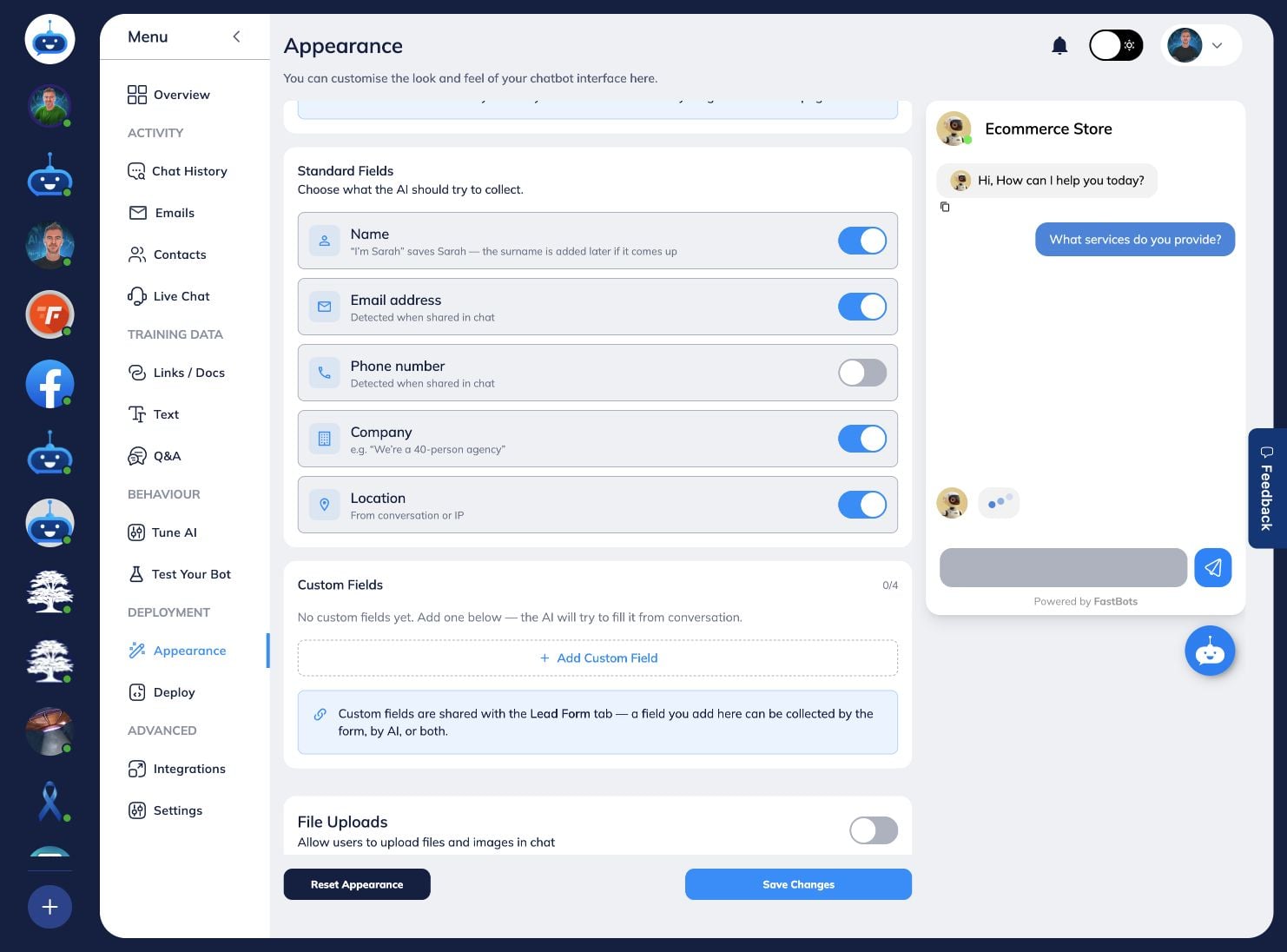 Add up to four custom fields when you need extra information such as budget, employee count or service interest. Click Save Changes when your setup is ready.