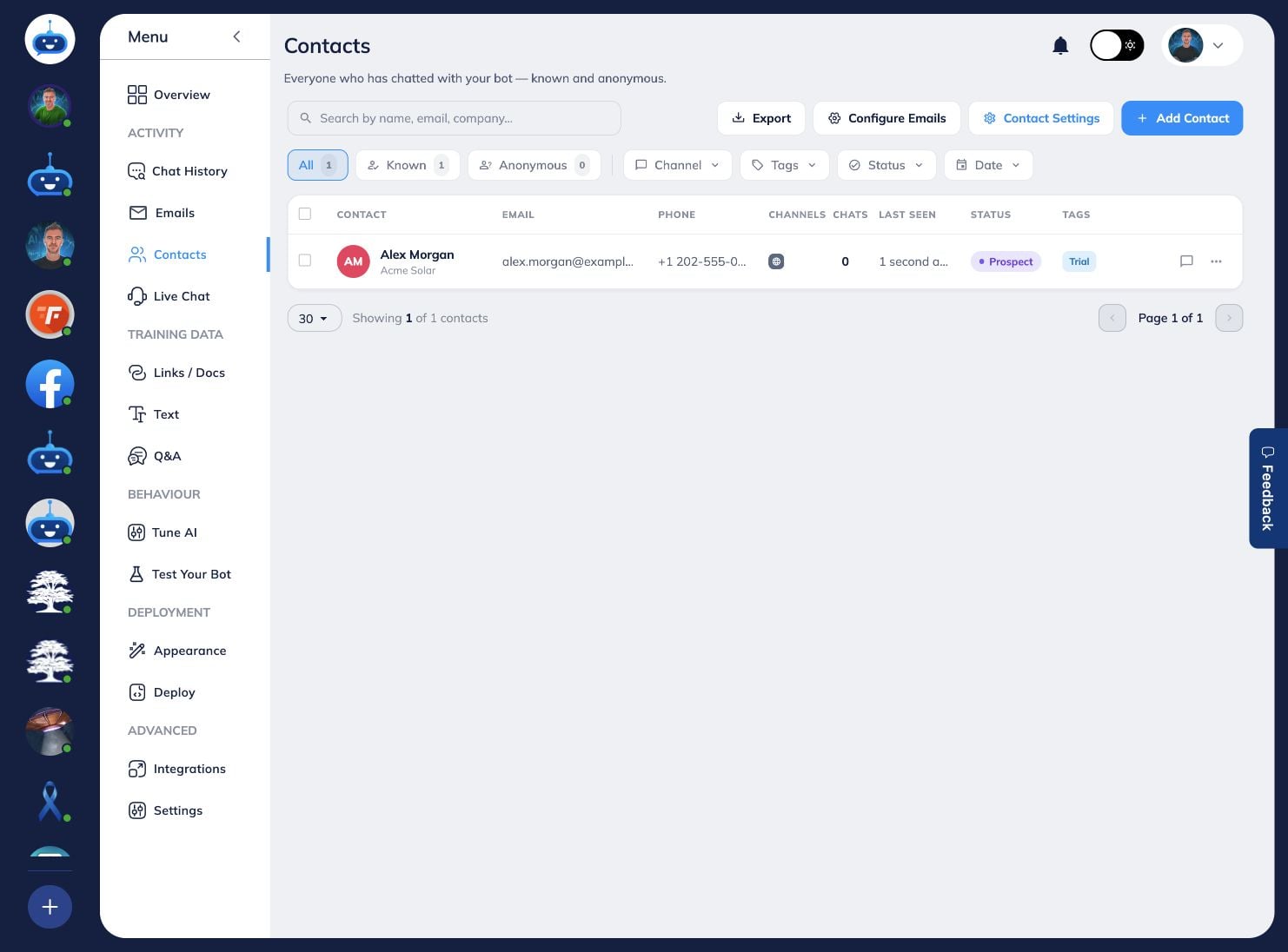 Click Export to download the current contact list. Your active search and filters are applied to the export.