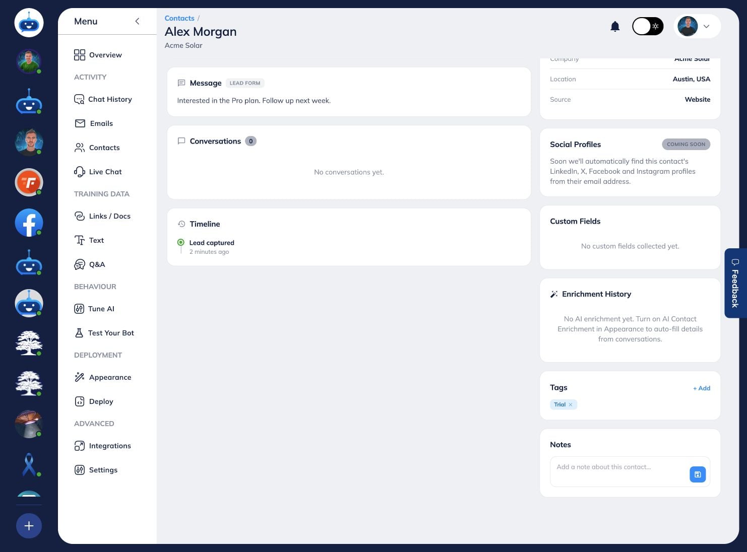 Use the status menu and Tags section to organise the contact. Add notes to keep important follow-up context in one place.