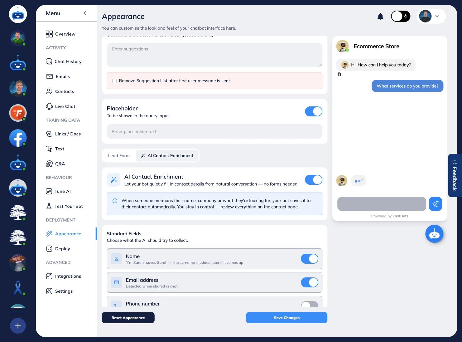 Choose which standard fields the AI should collect, including name, email, phone, company and location.