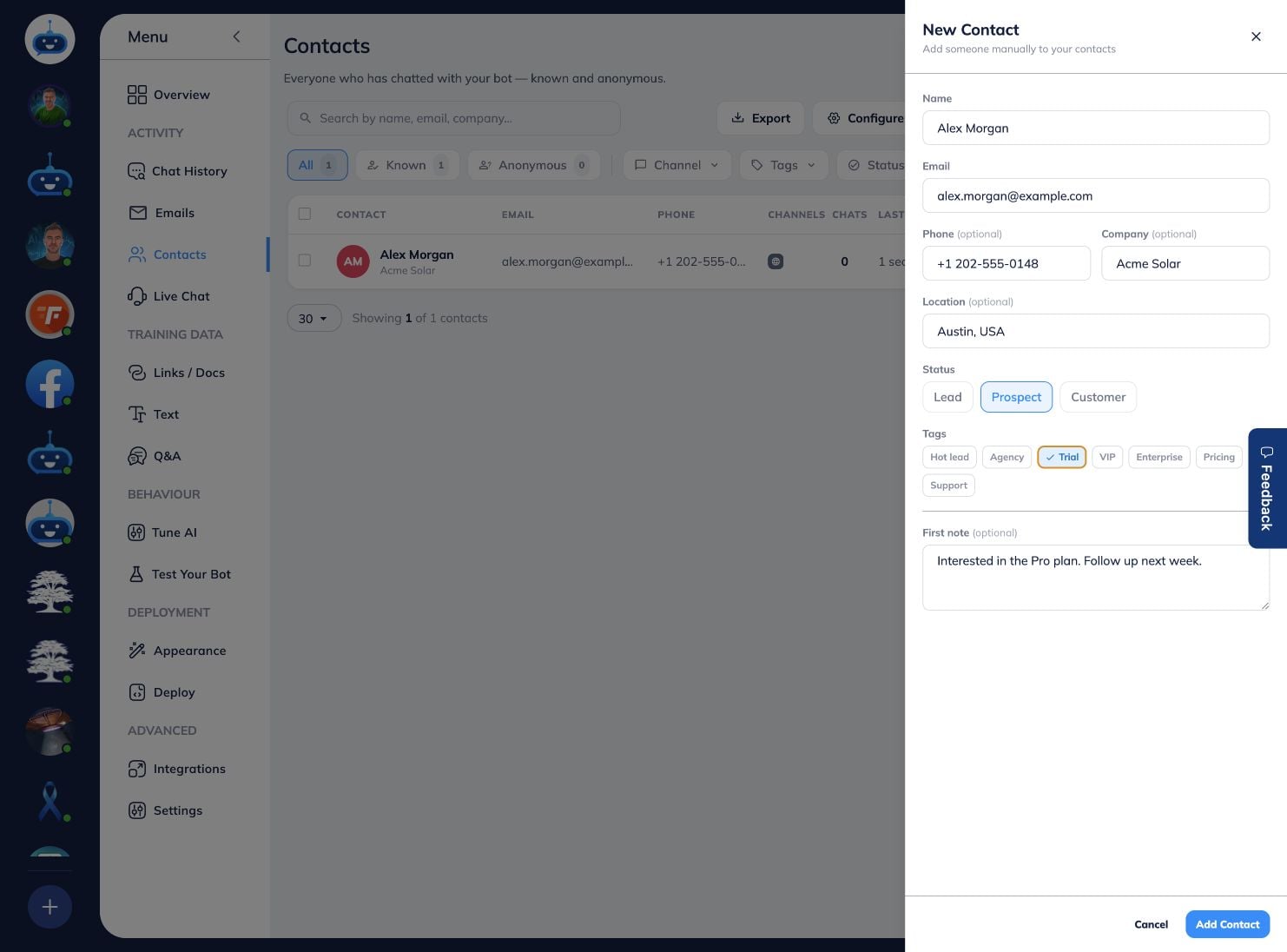 Click Add Contact to create a record manually. Enter the contact details, choose a status and tags, add an optional note, then click Add Contact.