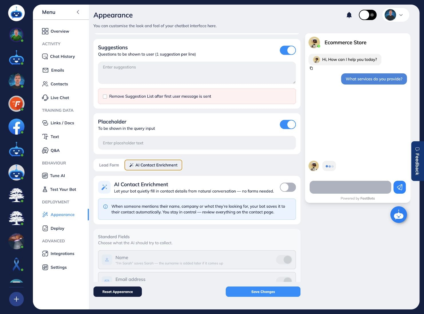 AI Contact Enrichment is available on Business plans and above. It is not included on the Free or Essential plan. If your plan supports it, go to Appearance, select the AI Contact Enrichment tab, then turn the feature on.