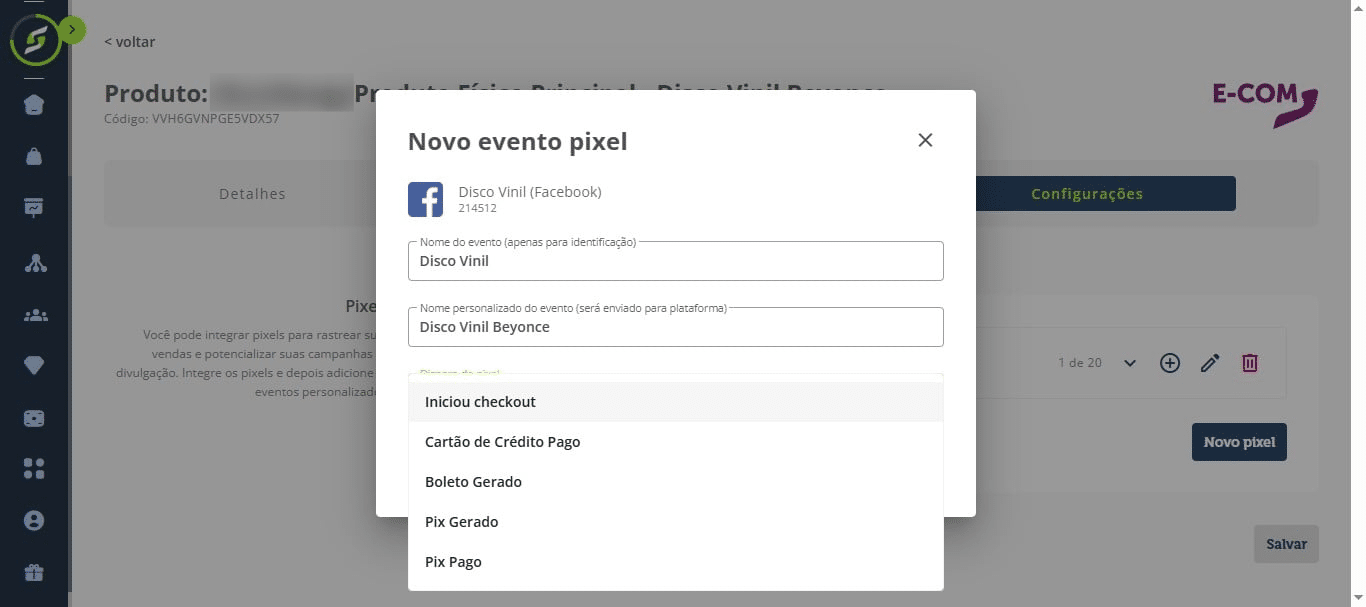 Preencha o nome do evento, o nome personalizado e selecione a opção desejada.