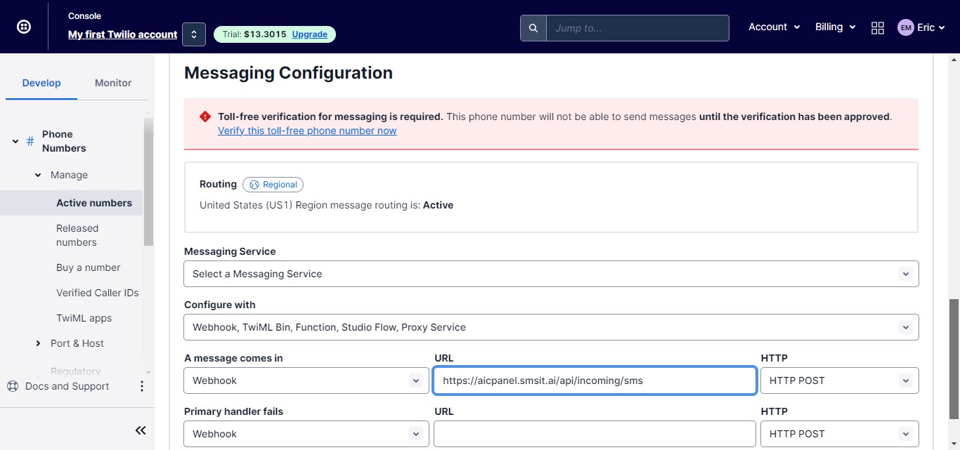 Scroll down until you see "Messaging Configuration" and paste into URL field.