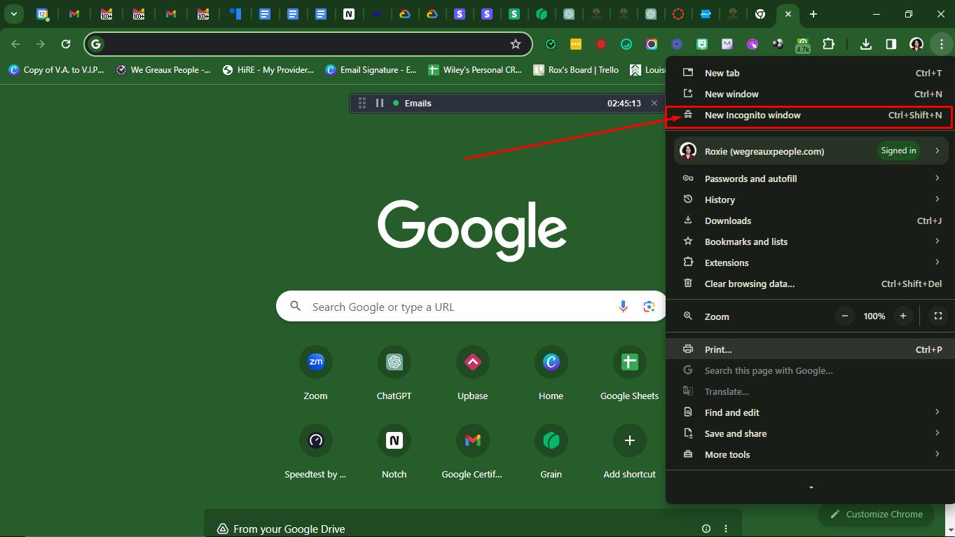 **Click on** New Incognito Window.