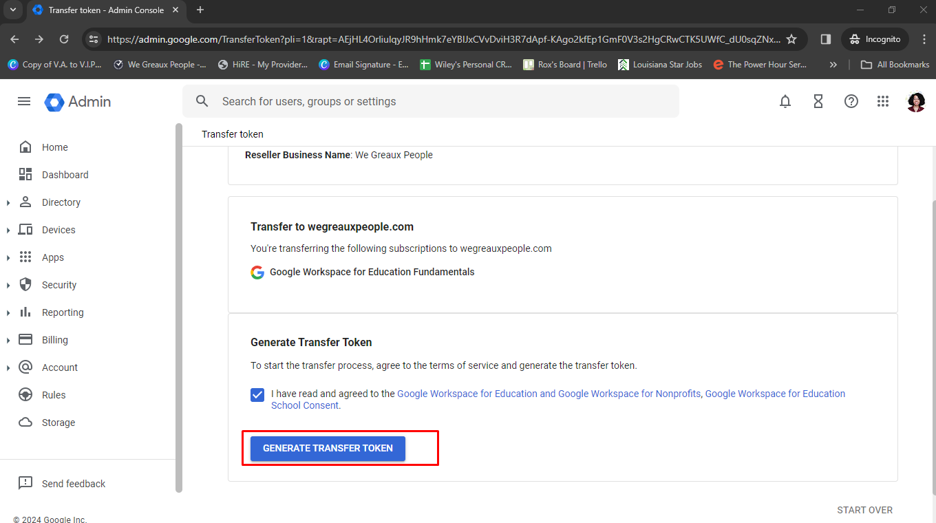 **Click on** 'Generate Transfer Token'