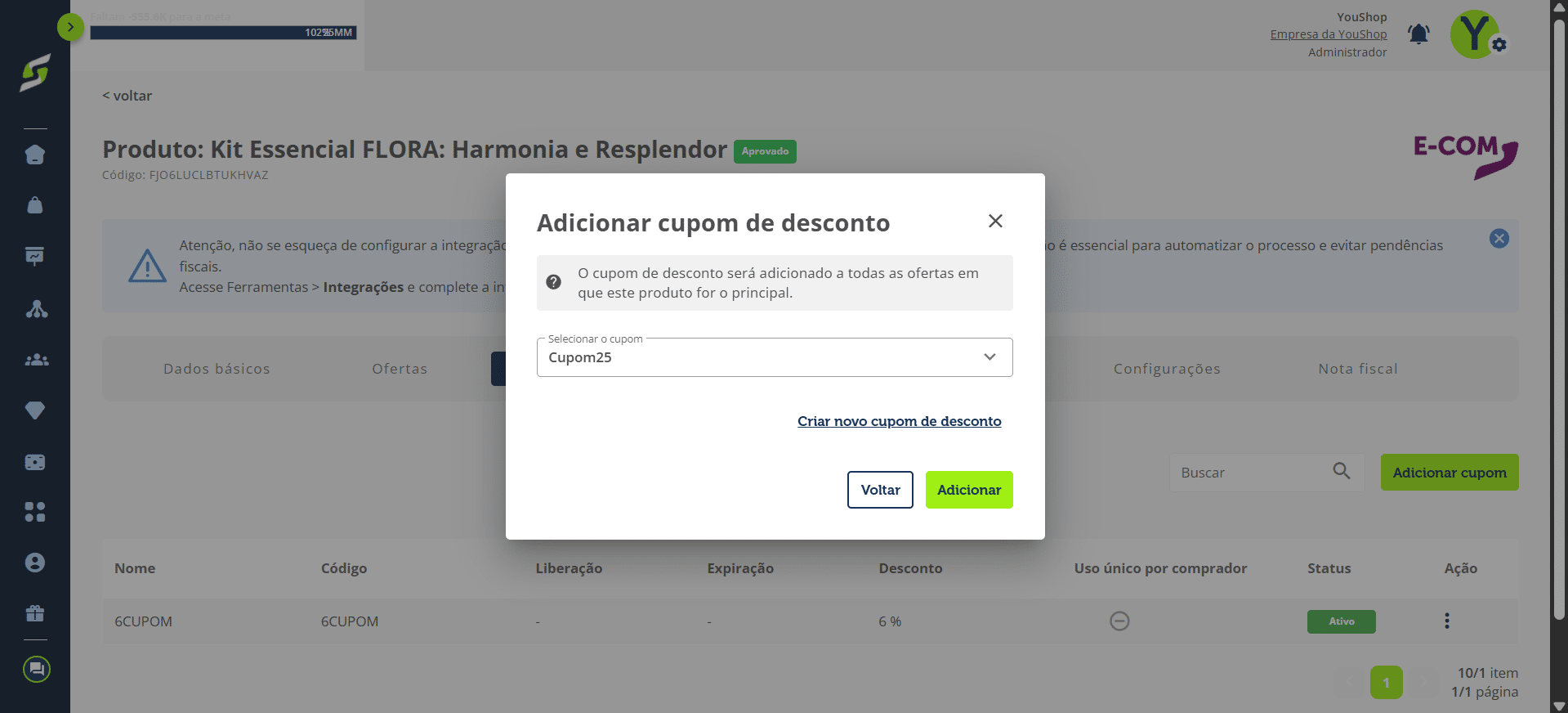 Selecione o cupom desejado e clique em **"Adicionar"**.