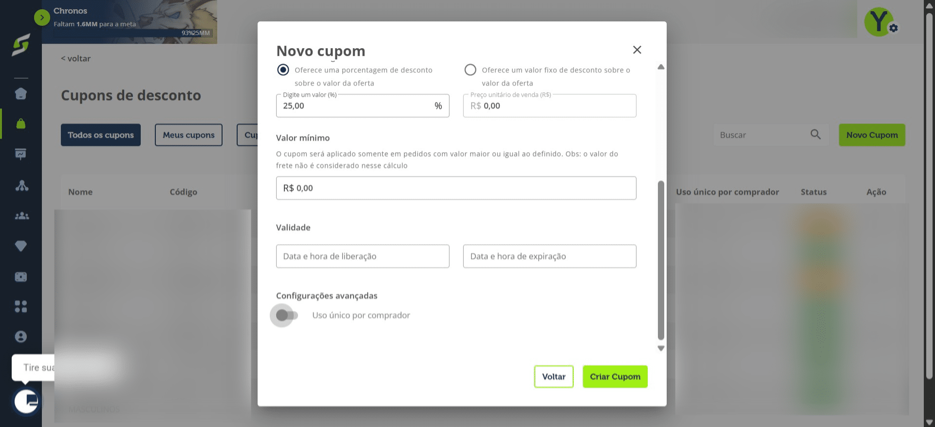 Em **"Configurações Avançadas"**, ative a opção **"Uso único por comprador"**.