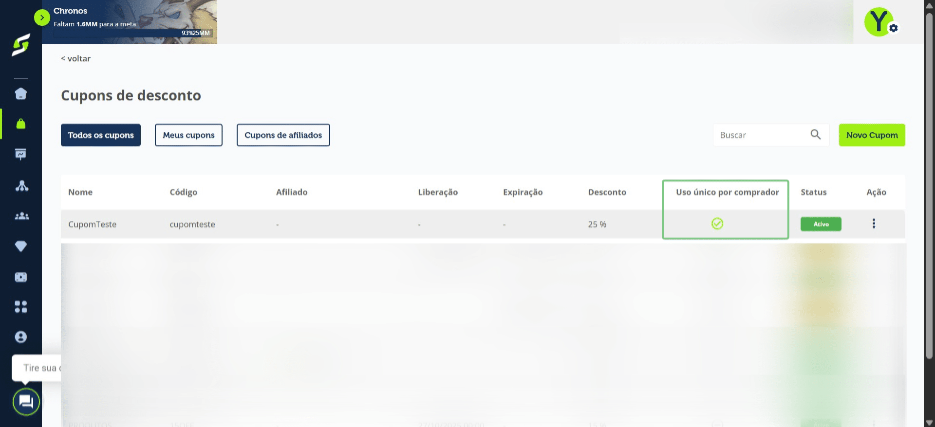 Com essa configuração ativada, cada comprador poderá utilizar o cupom apenas uma vez.