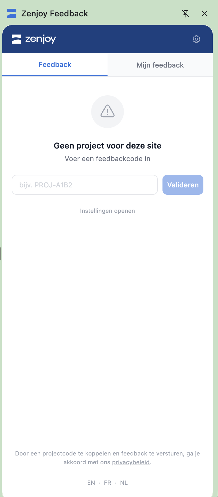 Connect to the feedback project by adding the project code you received from your Zenjoy contact. If you don't have one, please contact us.