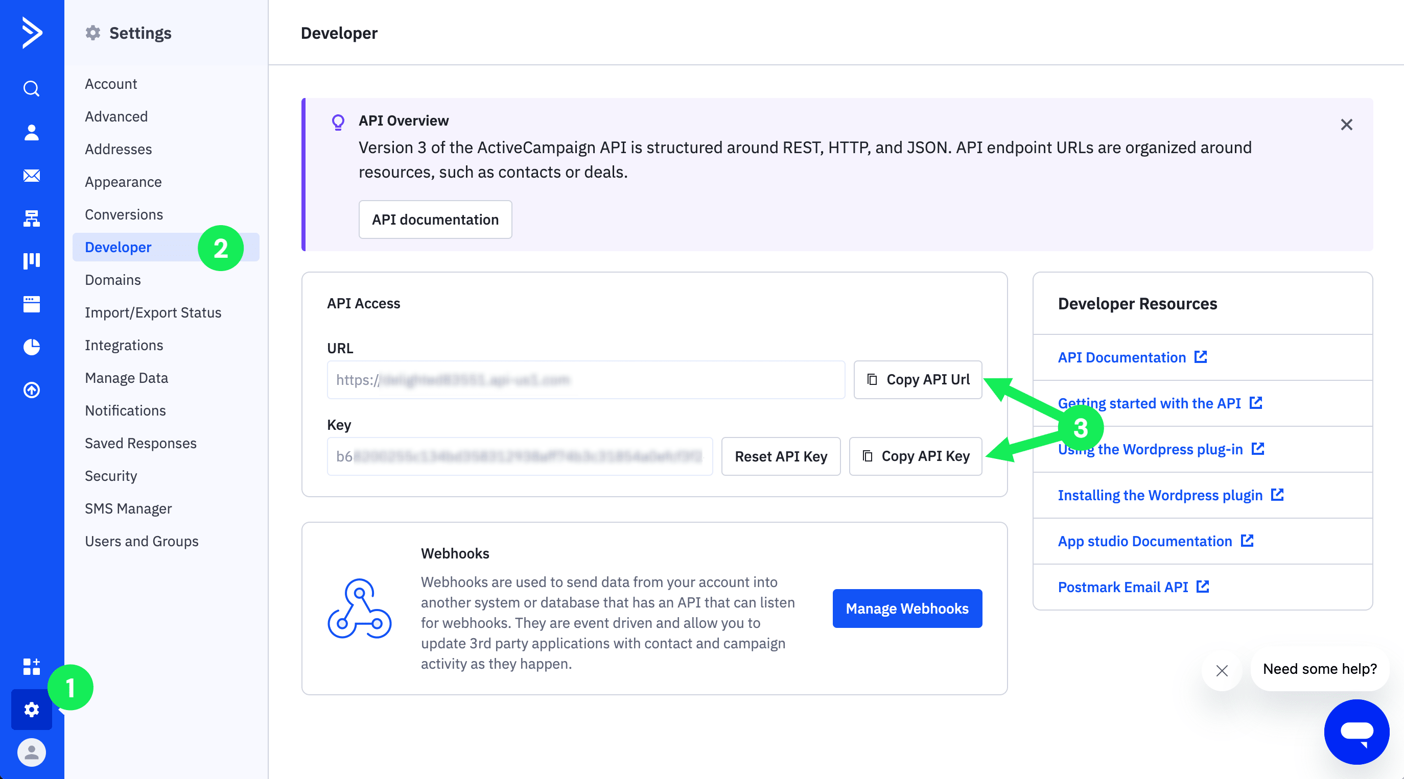 Acesse sua conta do ActiveCampaign:
&nbsp;
Clique na engrenagem de "Configurações".
Acesse "Developer" (Desenvolvedor).
Copie os campos API URL e API Key.