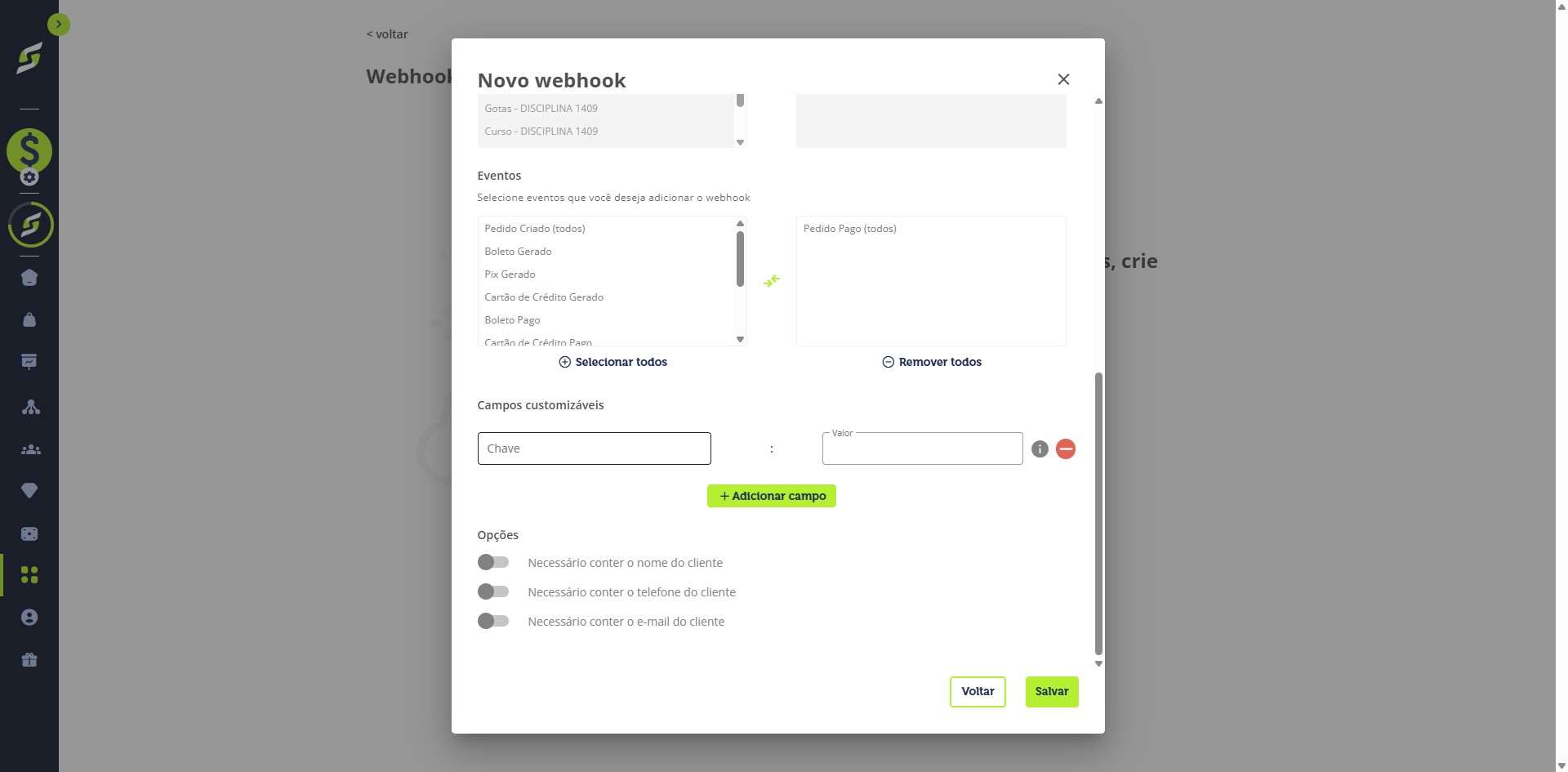 Para usar campos personalizados, insira a chave do parâmetro de URL.