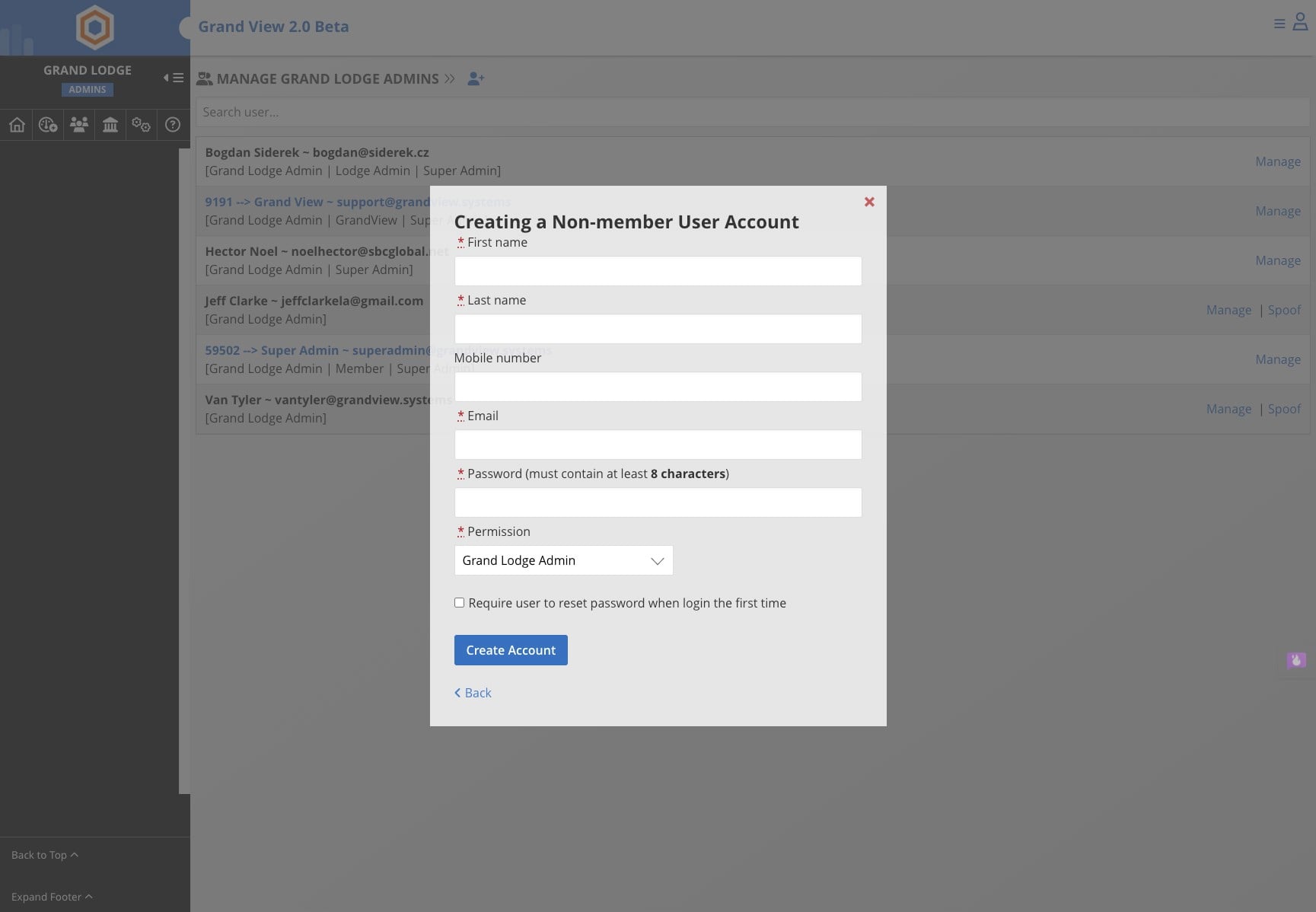 Add the contact information for the staff member and click "Create Account"