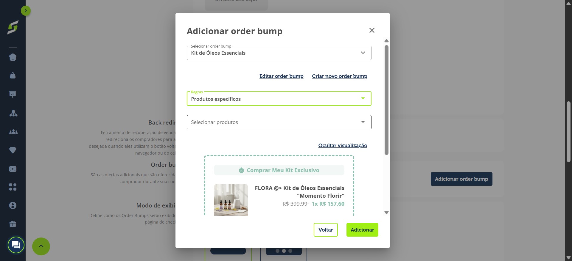 Clique para selecionar quais produtos exibirão o order bump.