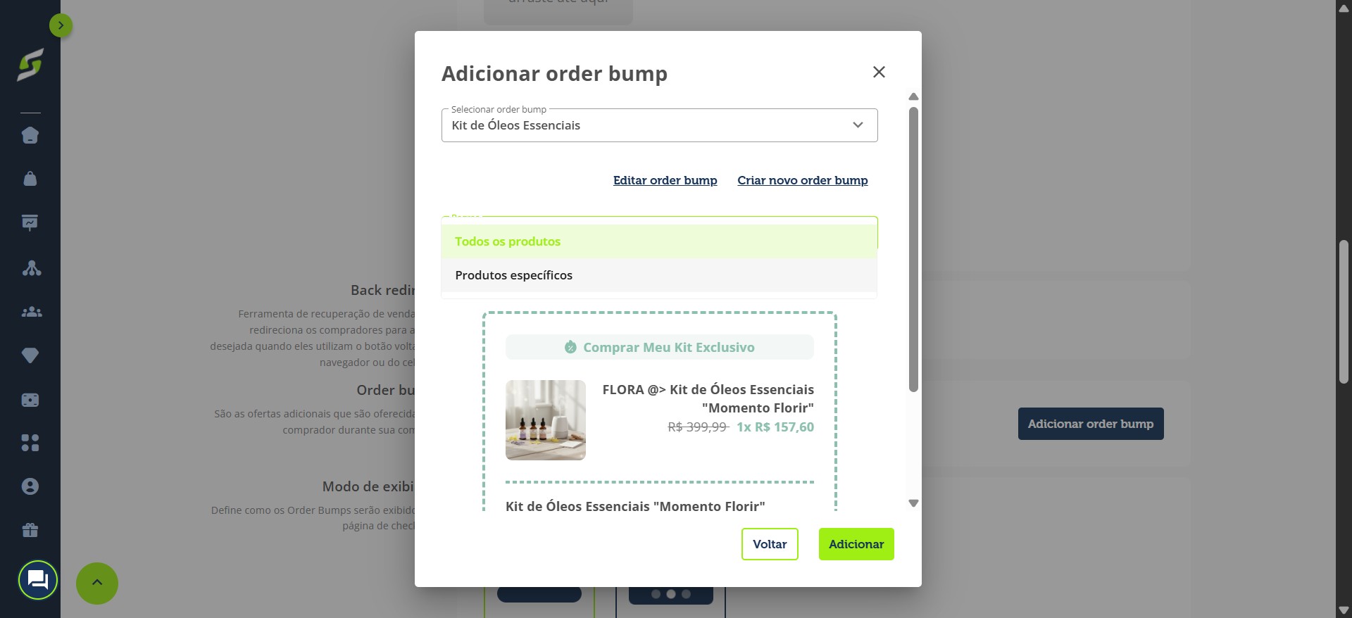 Em Regras, defina se o order bump será exibido em todos os produtos ou apenas em produtos específicos.