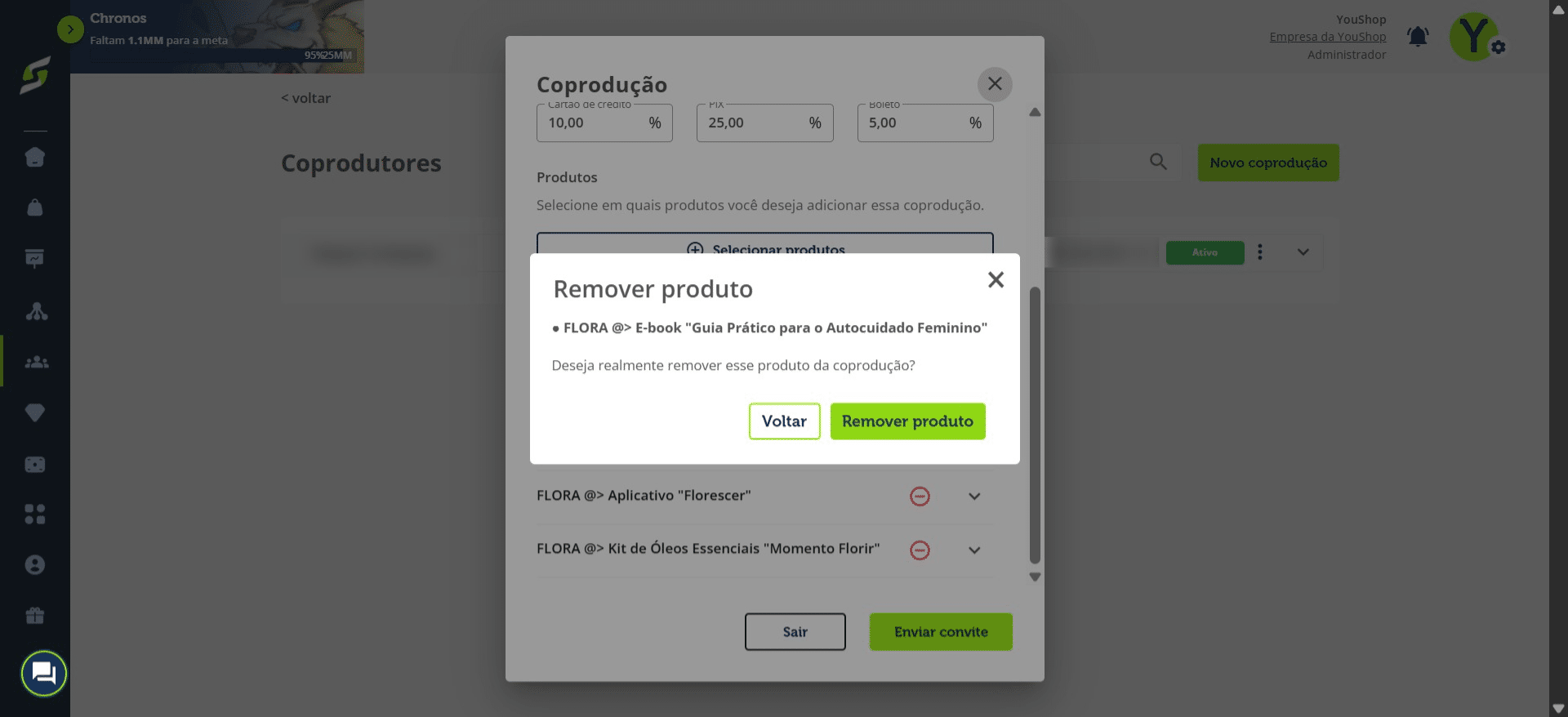Clique em Remover produto para confirmar a exclusão.