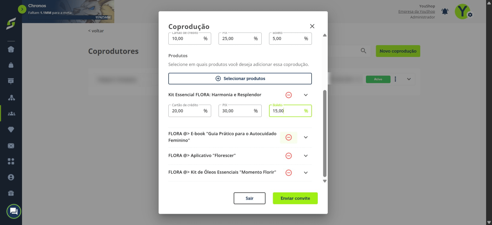 Clique no ícone de excluir para remover um produto da coprodução.