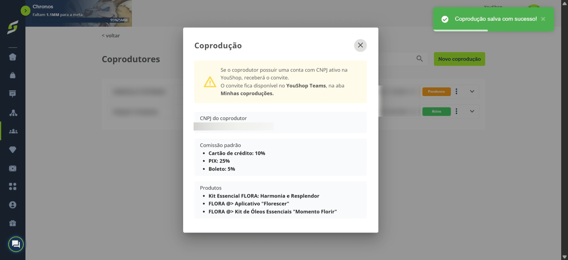 Será exibido um resumo da coprodução, com os dados do CNPJ, comissão padrão e produtos selecionados.