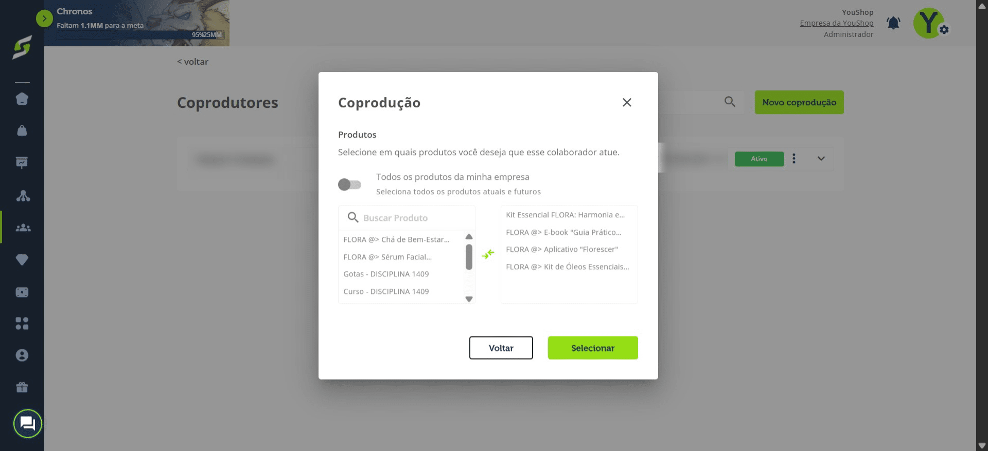 Após selecionar os produtos, clique em Selecionar.
