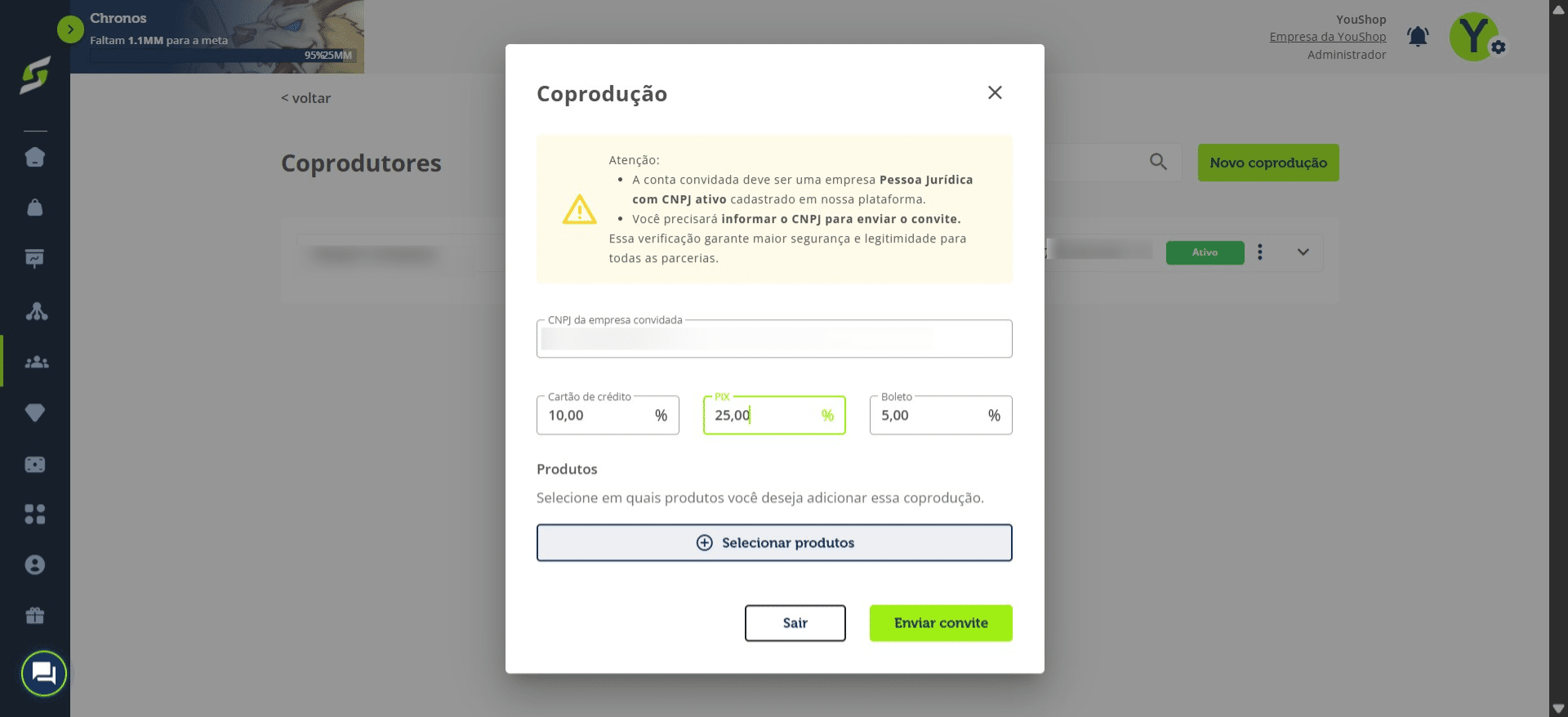 Clique em “Selecionar produtos” para definir quais produtos serão incluídos na coprodução.