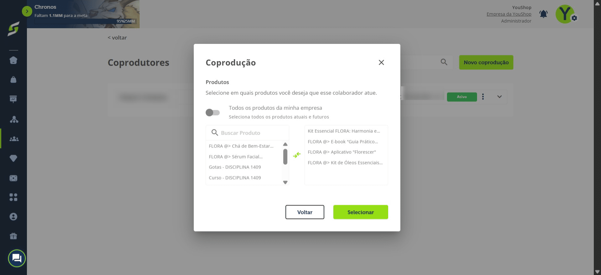 Escolha quais produtos deseja incluir na coprodução.