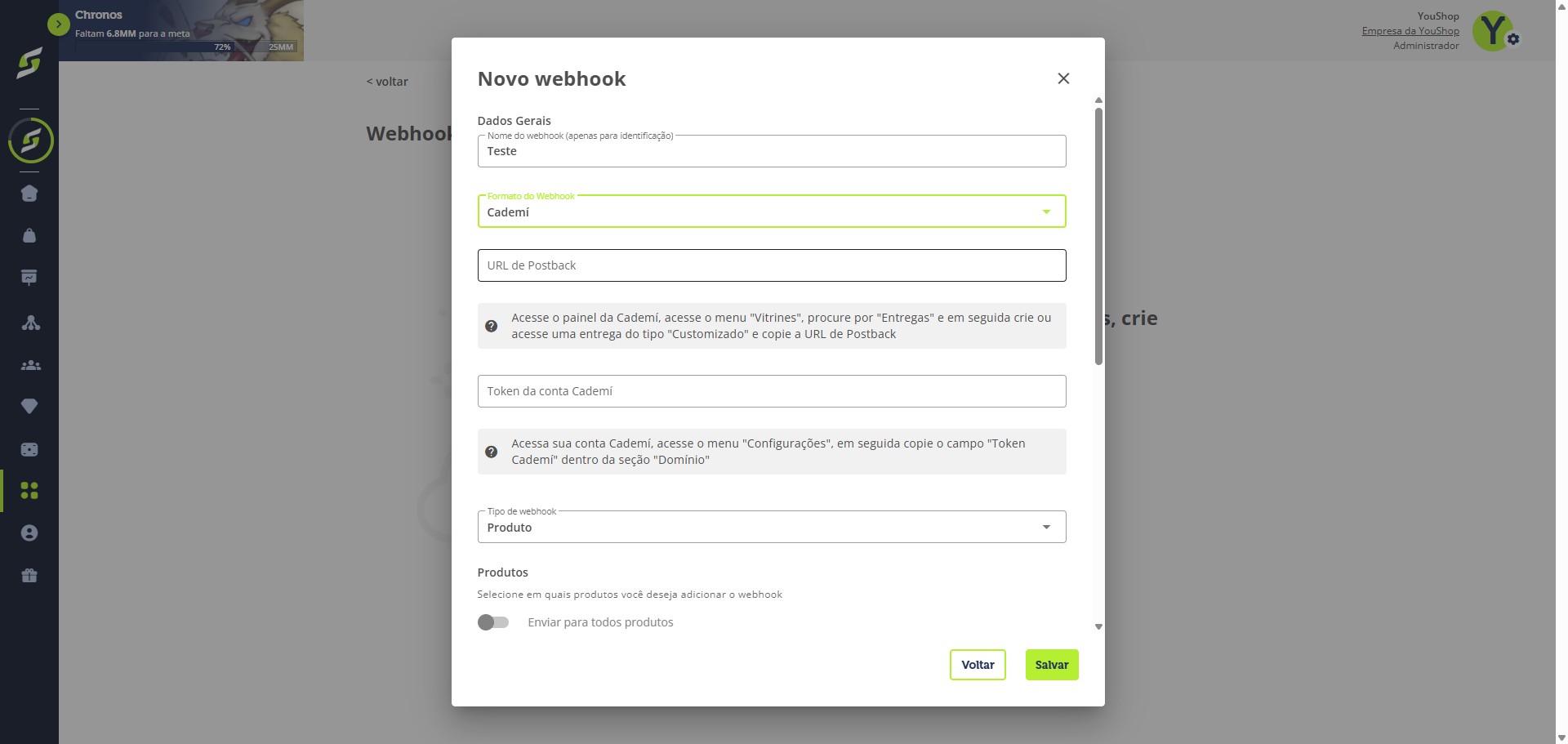 Selecione "Cademí" como formato de webhook.