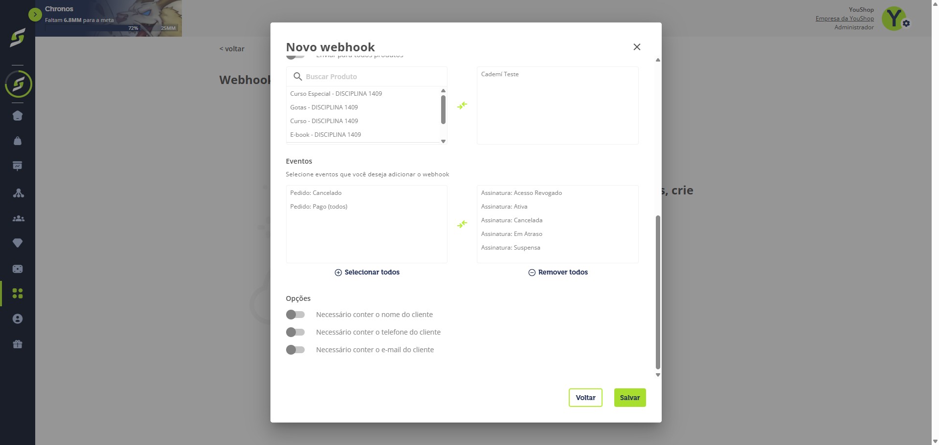 Escolha os eventos conforme o tipo de oferta.
**Dica:** você pode selecionar Todos os eventos, pois a Cademí faz a deduplicação automaticamente.
