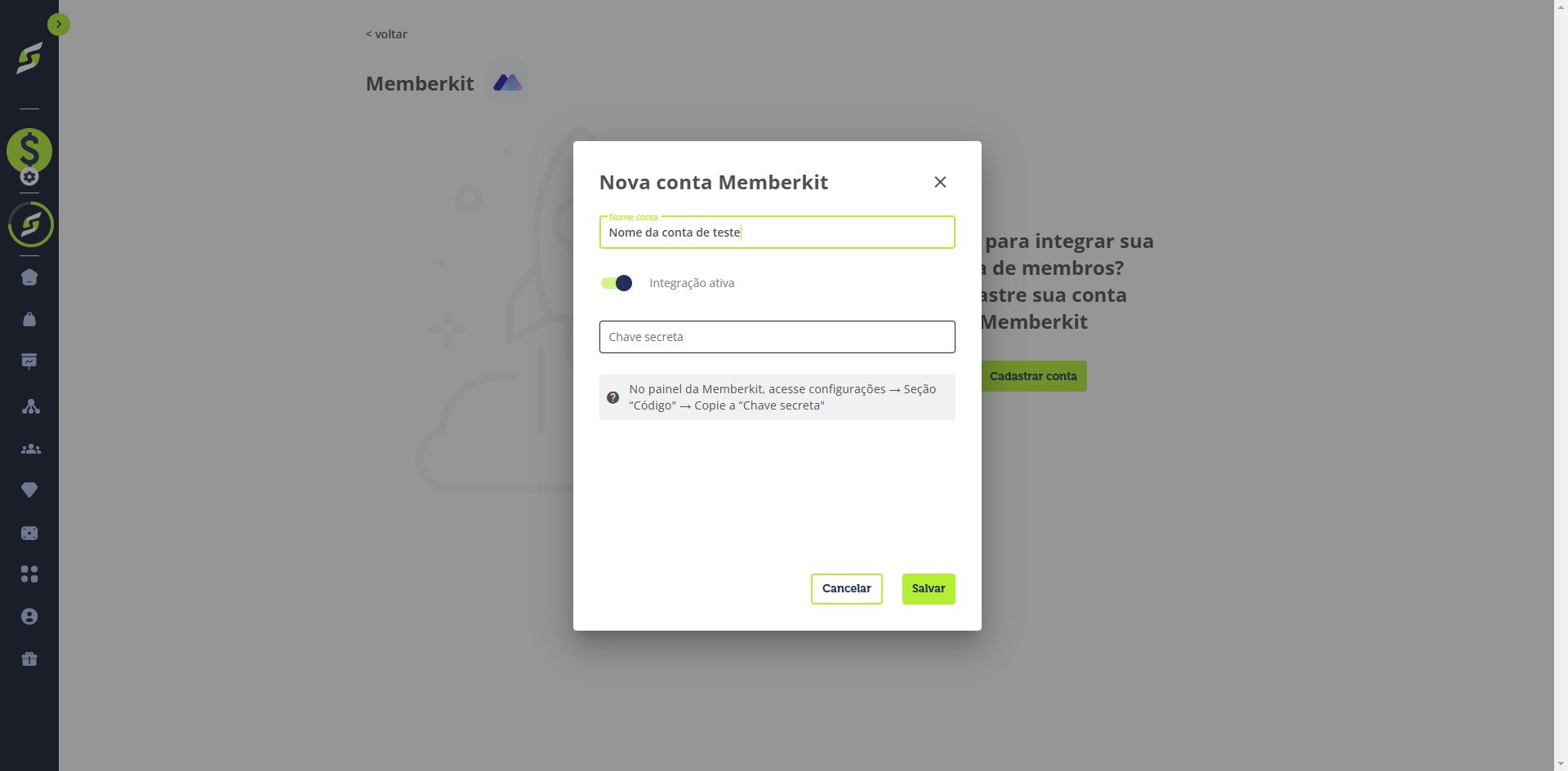 Volte para a YouShop e cole a chave secreta no campo indicado.