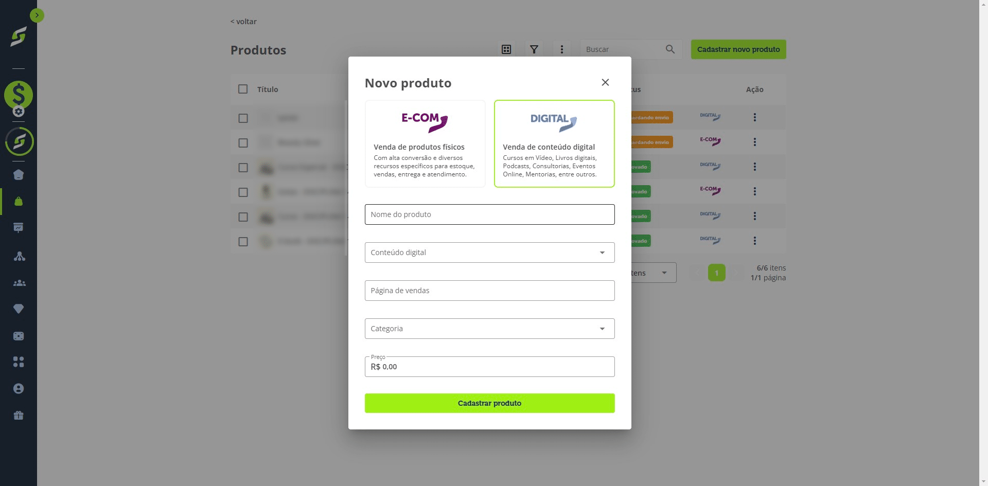 Selecione o tipo de produto "Digital" e preencha as informações necessárias.