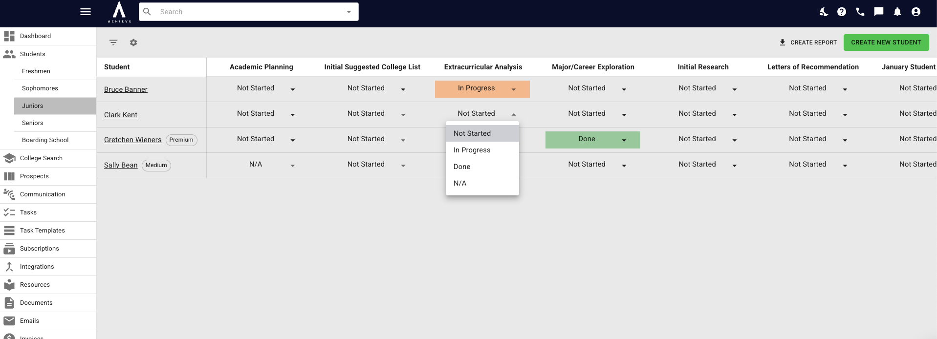 When you click on a cell, a drop down menu will appear.  While you can always manually update these trackers, we have some pre-set automations, which you can see [here](https://drive.google.com/drive/folders/1A7f6OjT0PoV3HsM5gDrd5ht0VZDilbRD?usp=sharing).