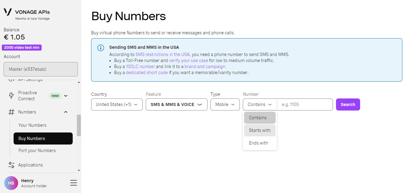 
Under "Number," from the pull-down menu select "Starts with" if you want a particular area code.