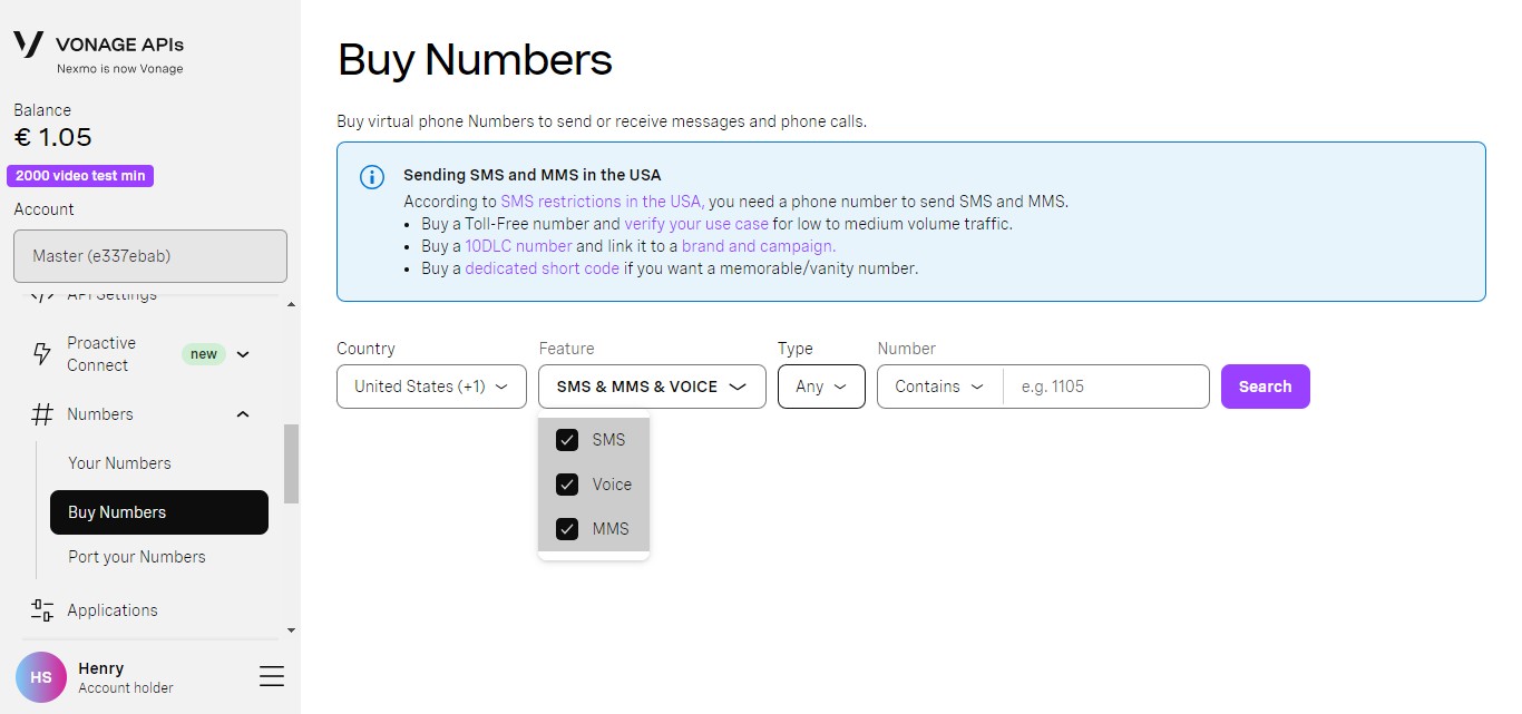 
Select the features you'd like with that number. For this example, we are selecting SMS, MSM, and Voice.