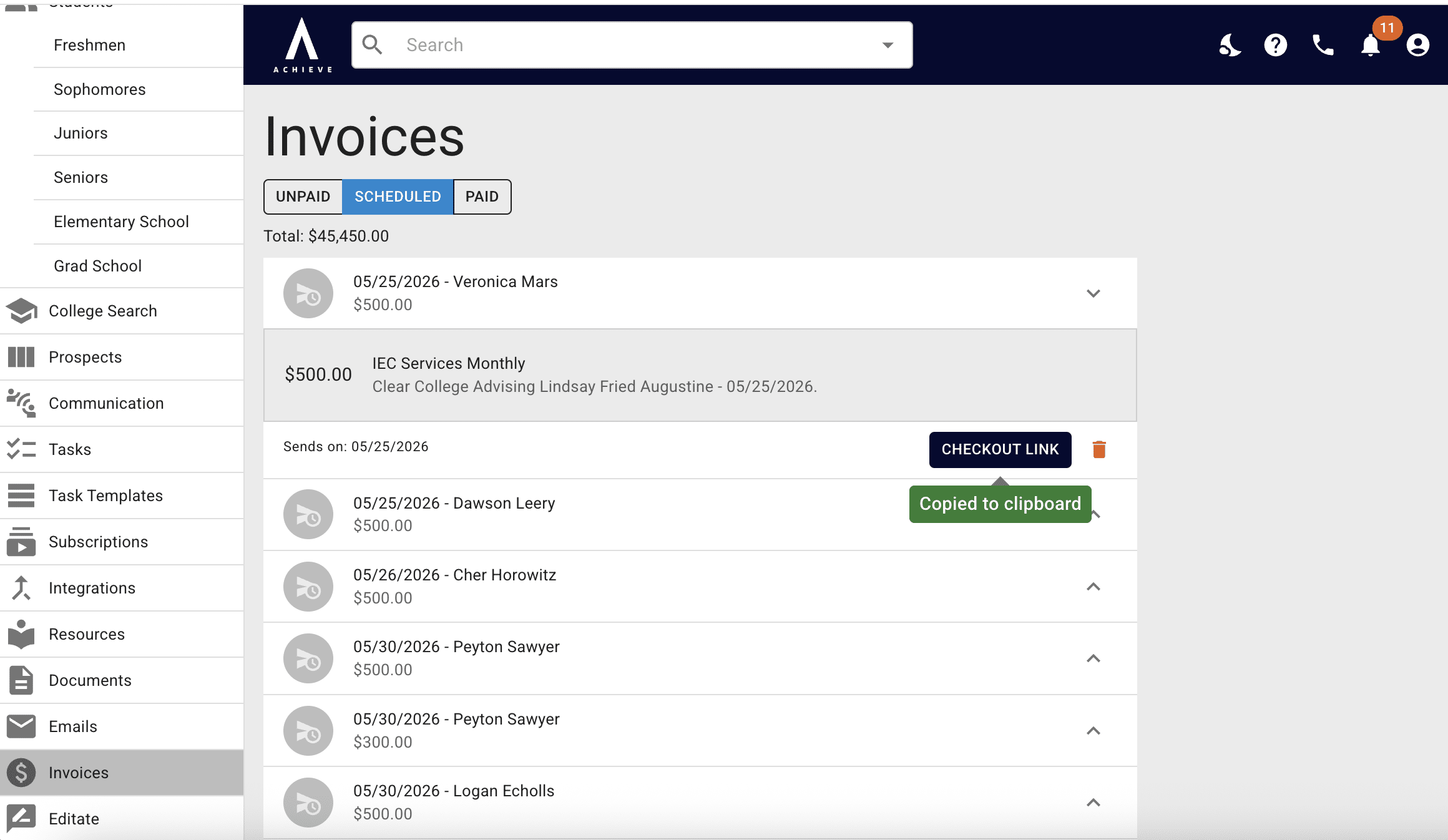 The link will then be copied to your computer's clipboard. You can paste the link into an email, text, a new browser tab, etc. The invoice is to be paid directly through that checkout link. Once the invoice is paid, you'll be notified  and the invoice will be automatically marked as paid in Achieve.