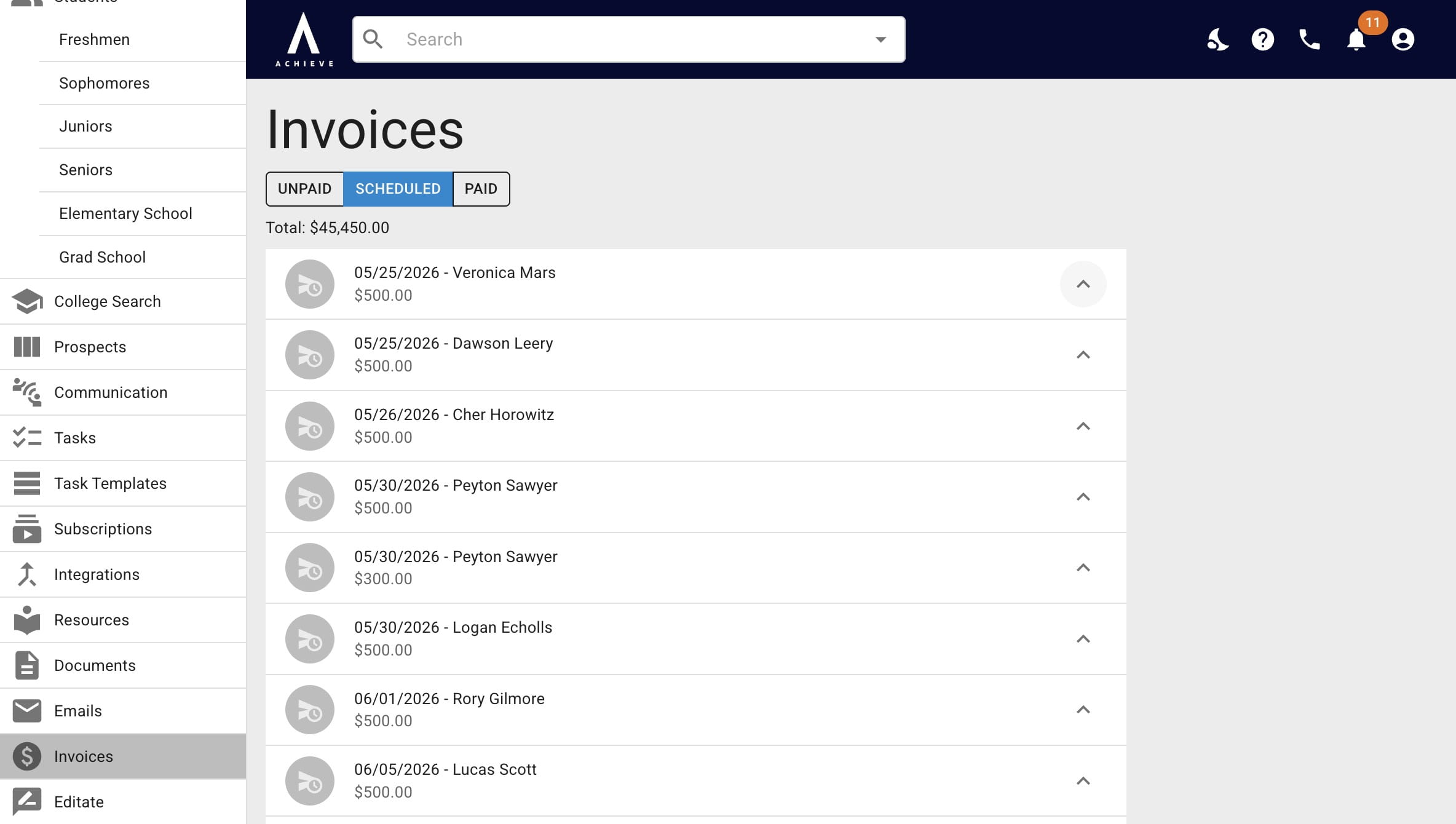 If you click **Scheduled**, you'll see all invoices that are due anytime after 15 days from today. 