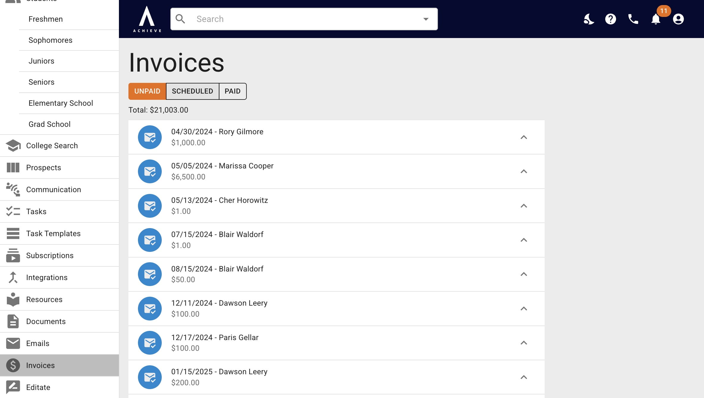 The **Unpaid** invoices heading show overdue invoices and invoices due within the next 15 days. 