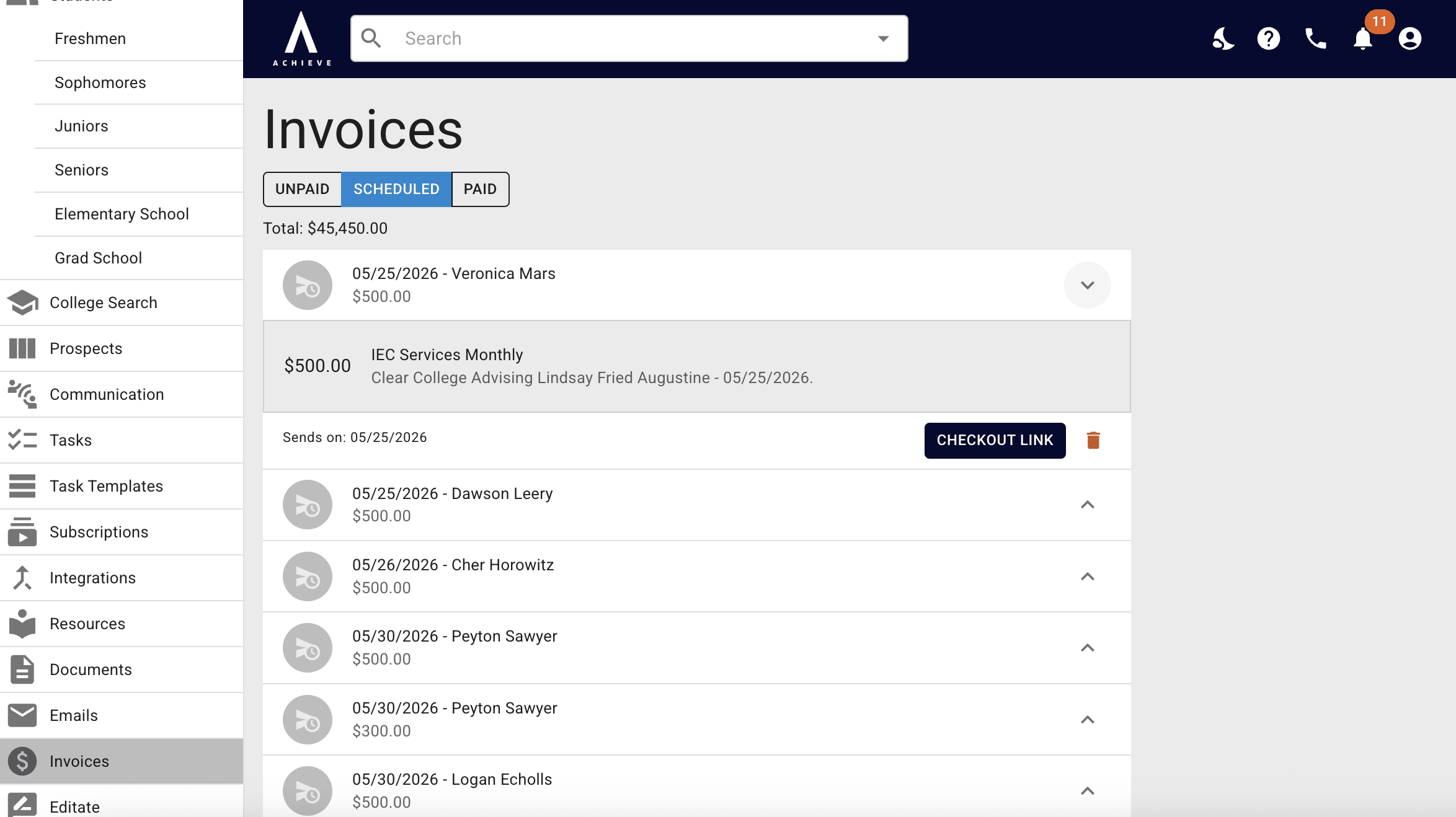 To access a Stripe checkout link for a Stripe invoice, click the **Checkout Link** button.