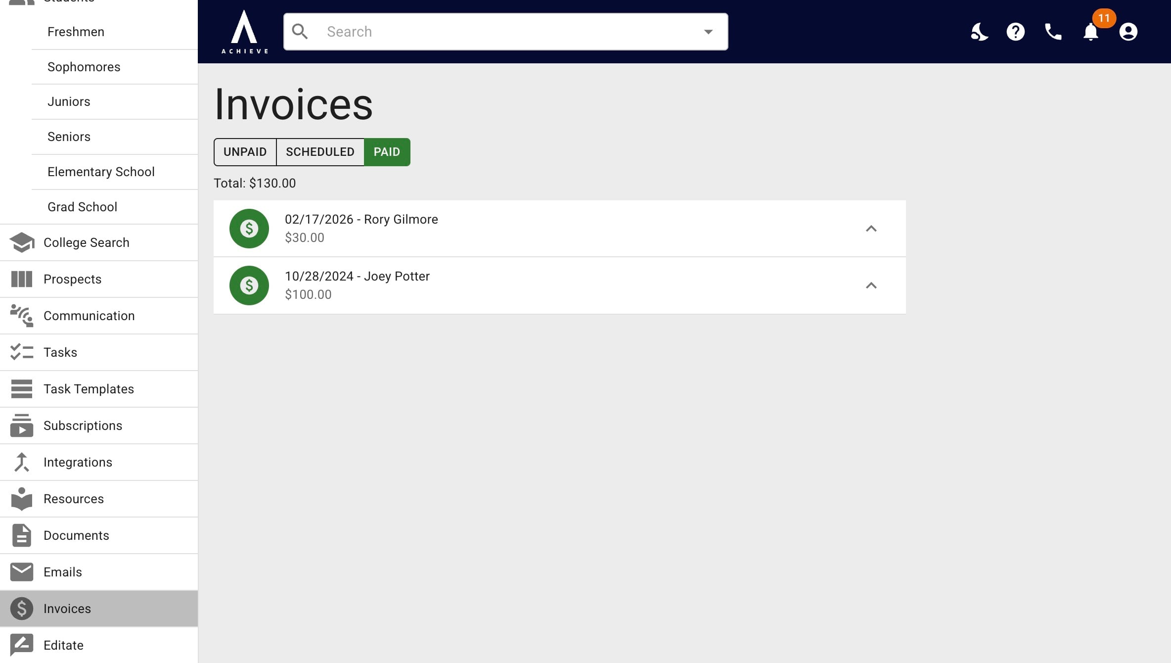 If you click **Paid**, you'll see all paid invoices.