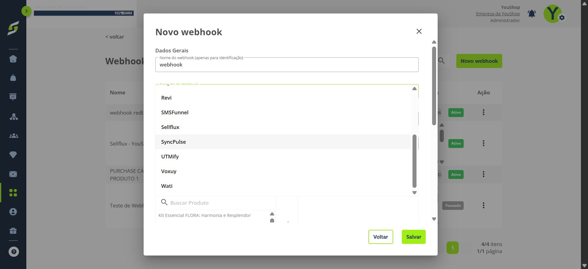 Em **formato do webhook**, selecione "**SyncPulse"**.