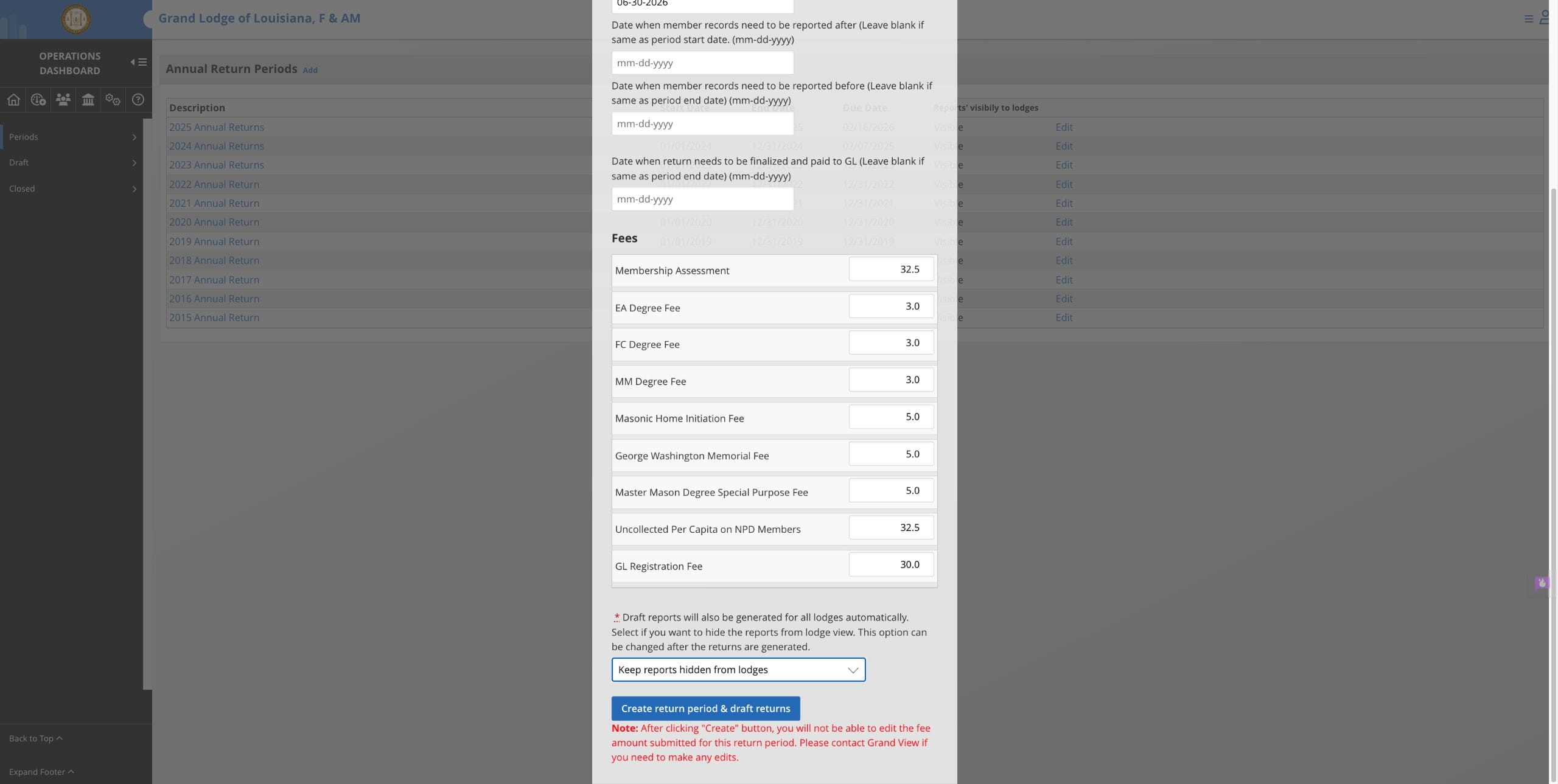 Click Create Return Period & Draft Returns