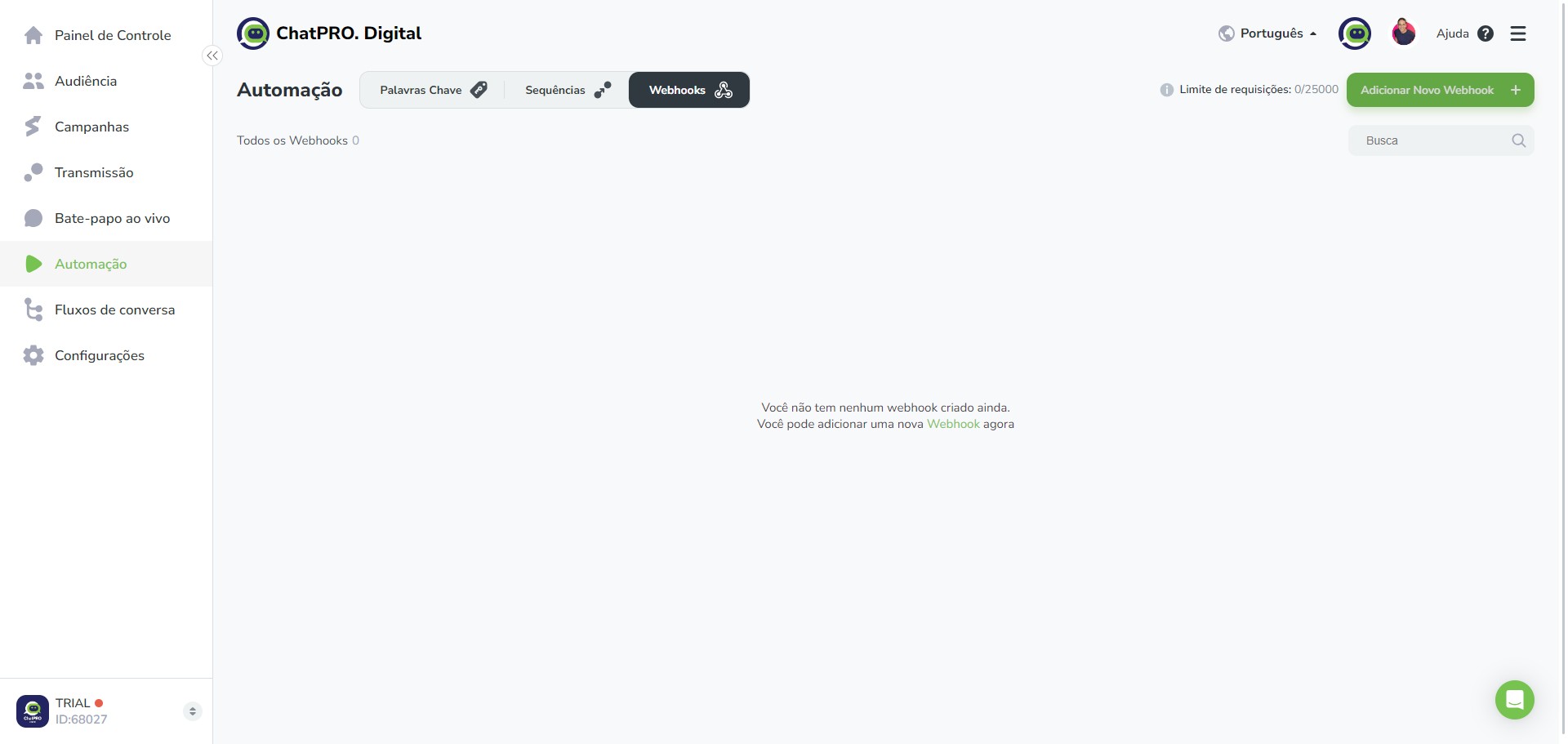 Click on "Adicionar Novo Webhook"