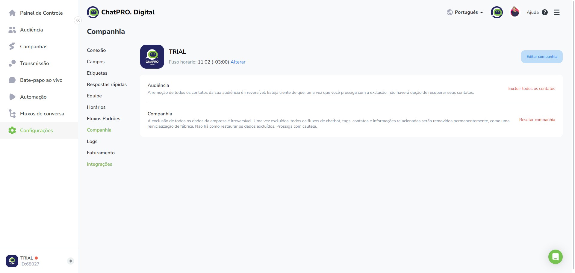 Click on "Integrações"