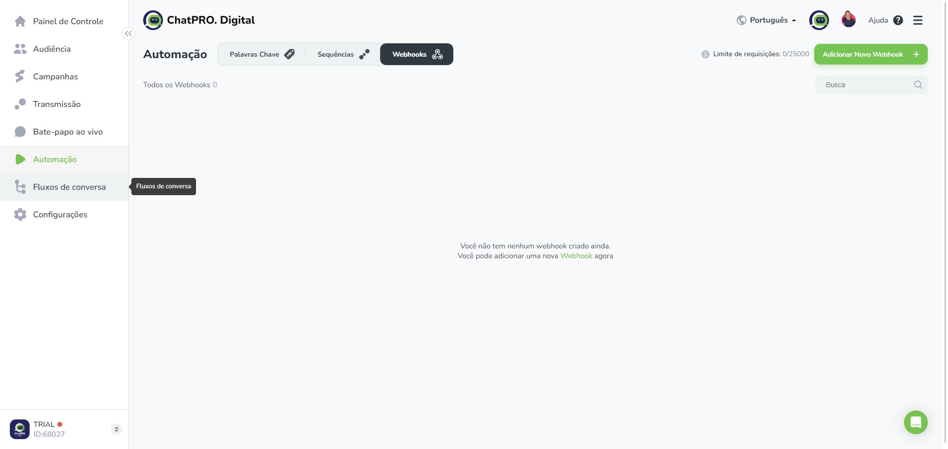 Click on "Fluxos de conversa"