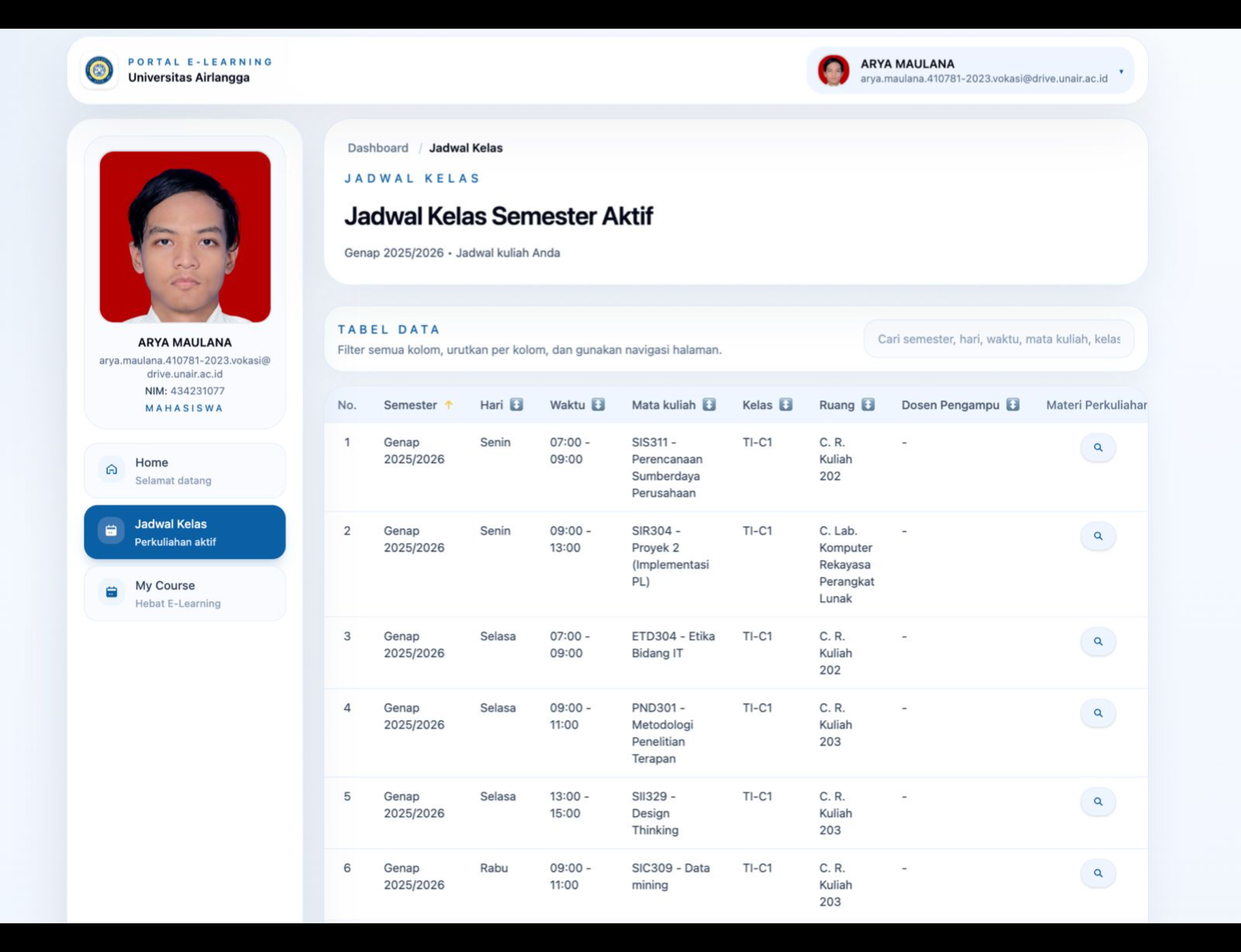 Pilih  "Jadwal Kelas"