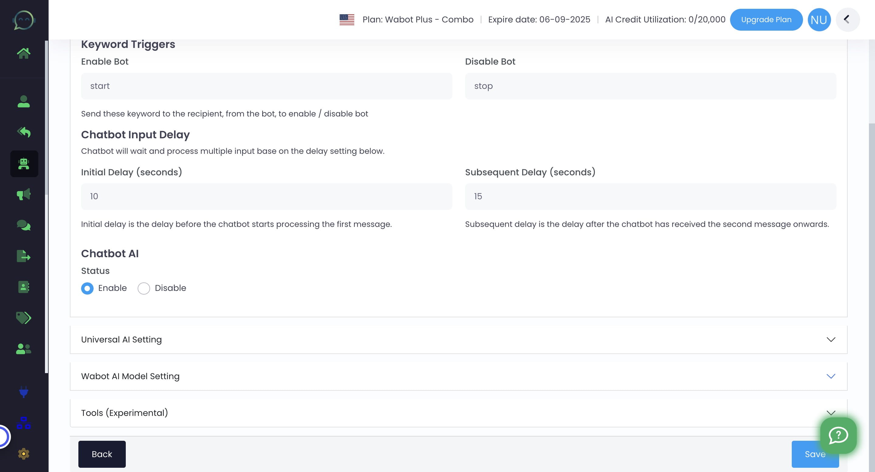 Don't forget to update prompt to give new instruction on using the tools. Click on "Wabot AI Model Setting"