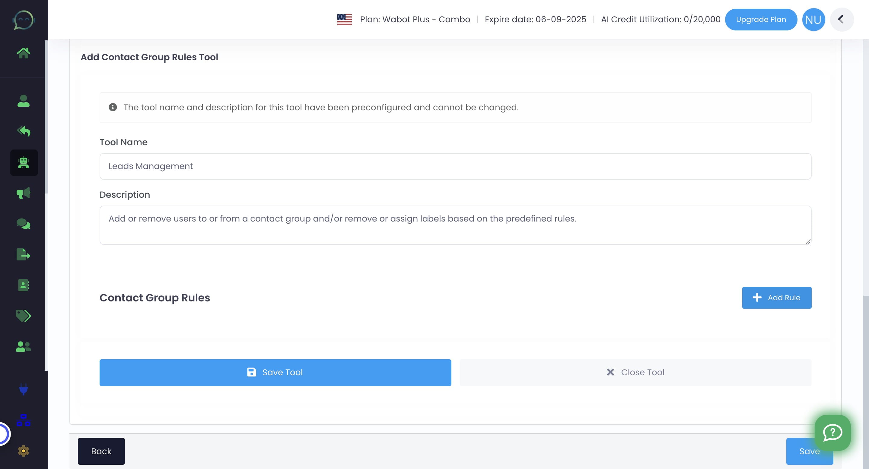 The tool name and description has been set, so no need for adjustment. Simply click on "Add Rule"